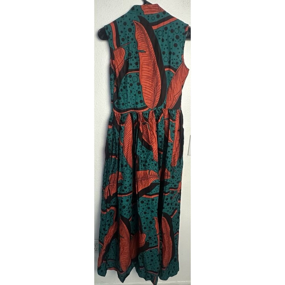 SIKA Ghana Handmade Cotton Maxi Dress Teal Orange Banana Leaf Print Size 4 - Picture 16 of 16